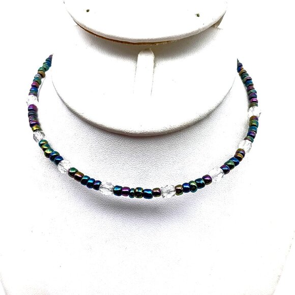 Elegant Vitrail Memory Wire Choker, Faceted Crystal and OIl Slick Black Beaded - Picture 1 of 3